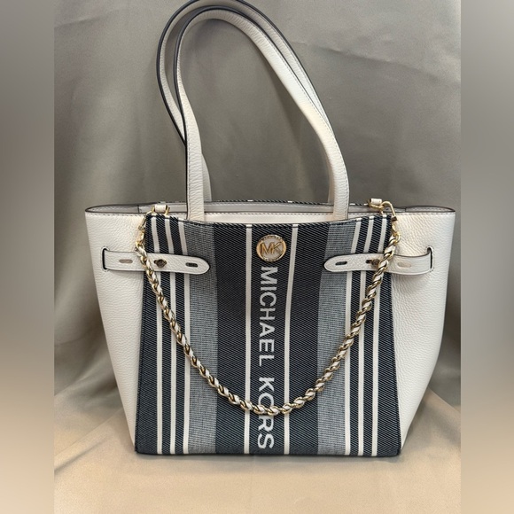 Michael Kors Carmen Large Striped Jacquard and Leather Tote Bag - Picture 1 of 5